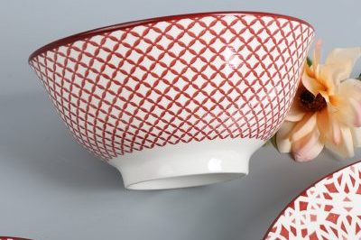 Red Grid Printed Glazed Ceramic Bowl (1)