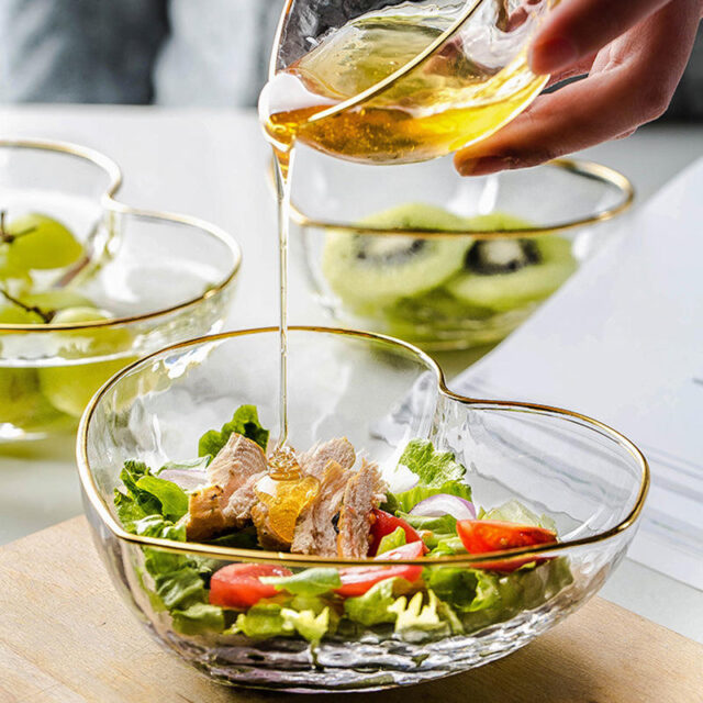 heart-shaped glass salad and dessert bowl