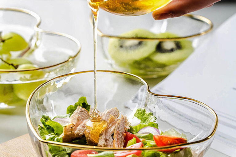heart-shaped glass salad and dessert bowl