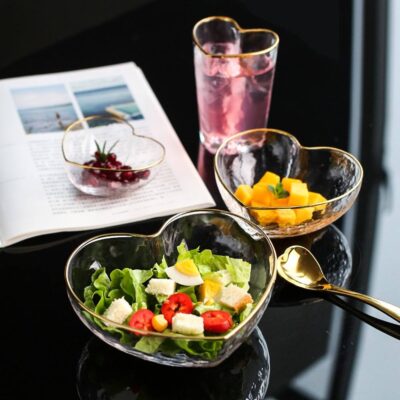 heart-shaped glass salad and dessert bowl