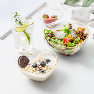 heart-shaped glass salad and dessert bowl