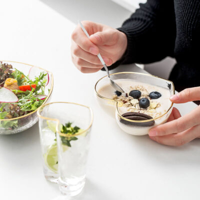 heart-shaped glass salad and dessert bowl