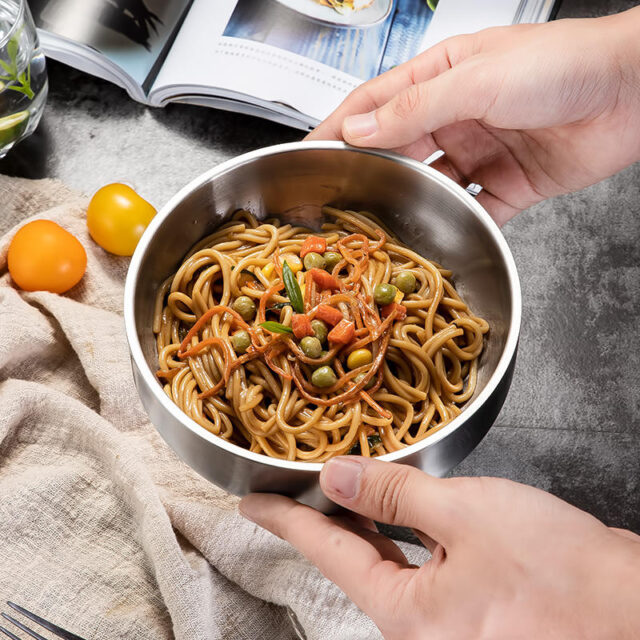 stainless steel salad and ramen noodle bowls