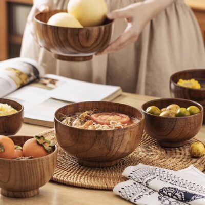 Eco-friendly rustic wooden salad and soup bowl