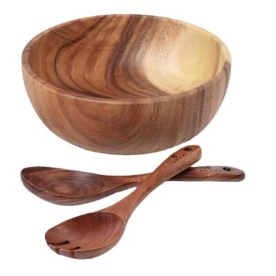 wood salad bowl with wooden spoon