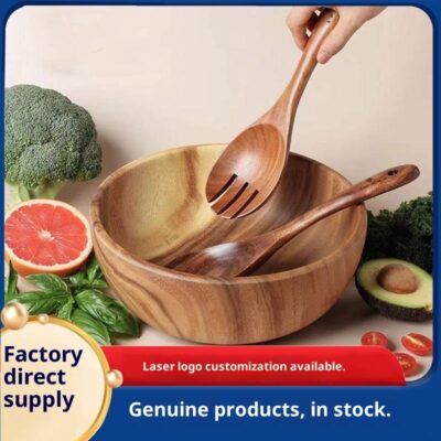 wood salad bowl with wooden spoon