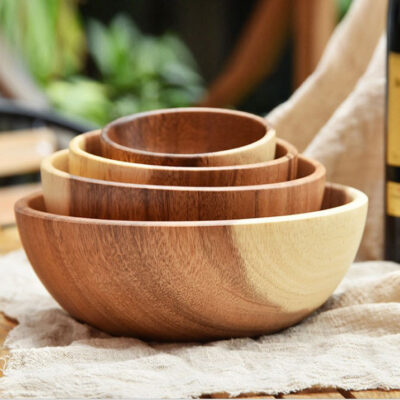 wood salad bowl with wooden spoon