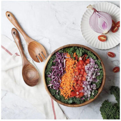 wood salad bowl with wooden spoon