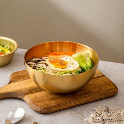 Golden round stainless steel salad bowl