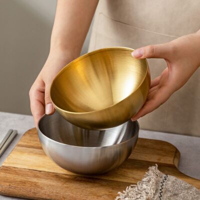 Golden round stainless steel salad bowl