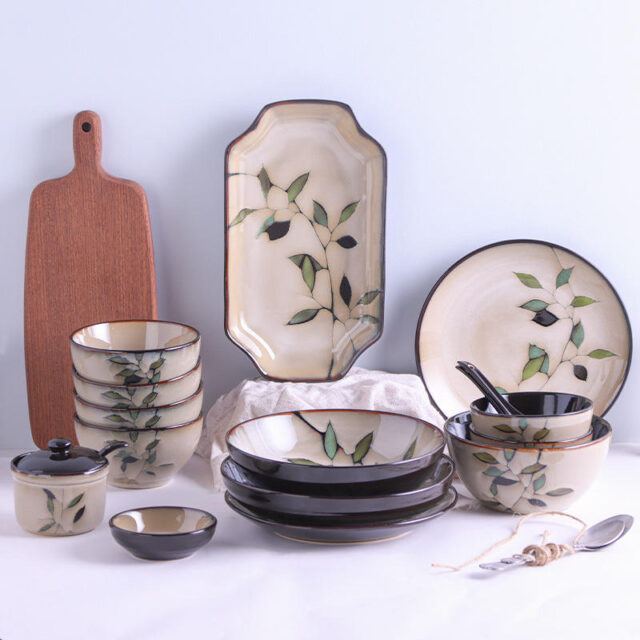 ceramic tableware set with bamboo leaf plate