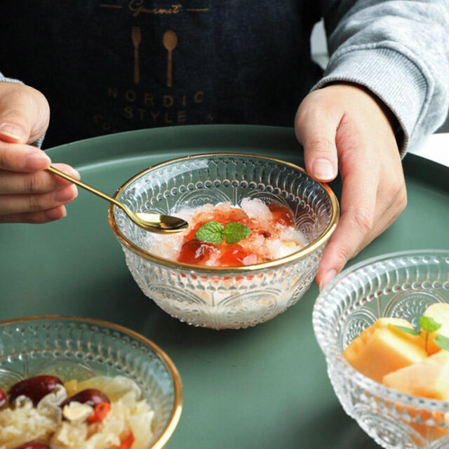 gold rim glass bowl for desserts