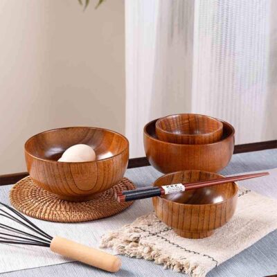 wood round food bowl for salad and dessert