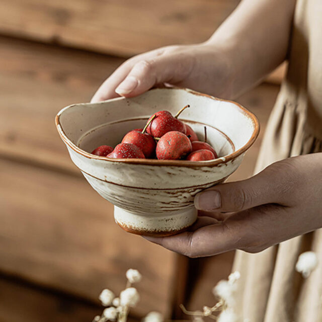 Vintage rustic ceramic high-footed rice bowl